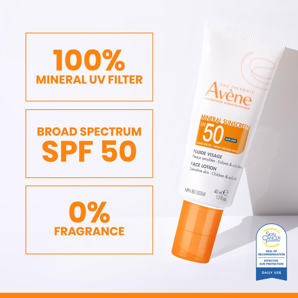 Avène Mineral Sunscreen SPF 50 Face Lotion, fast absorbing, 100% Mineral Sunscreen, Protects against UV, pollution + bluelight, With with Zinc Oxide + Bisabolol, 80 minute water resistance 1.3 oz