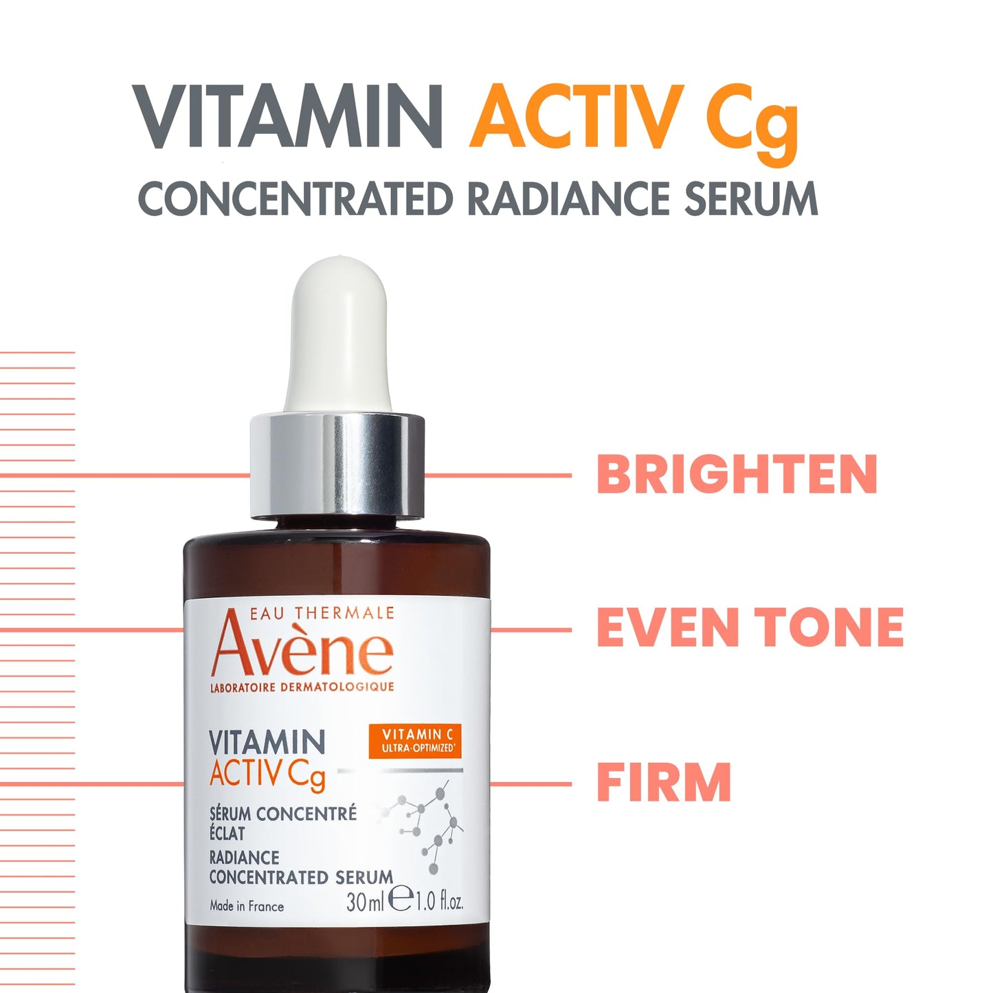 Avène Vitamin Activ Cg Radiance Concentrated Serum, Radiance Boosting Vitamin C Serum, powered by Vitamin Cg + Niacinamide + Bakuchiol, Visbily Reduce Wrinkles, Dark Spots & Fine Lines, 1 FL Oz