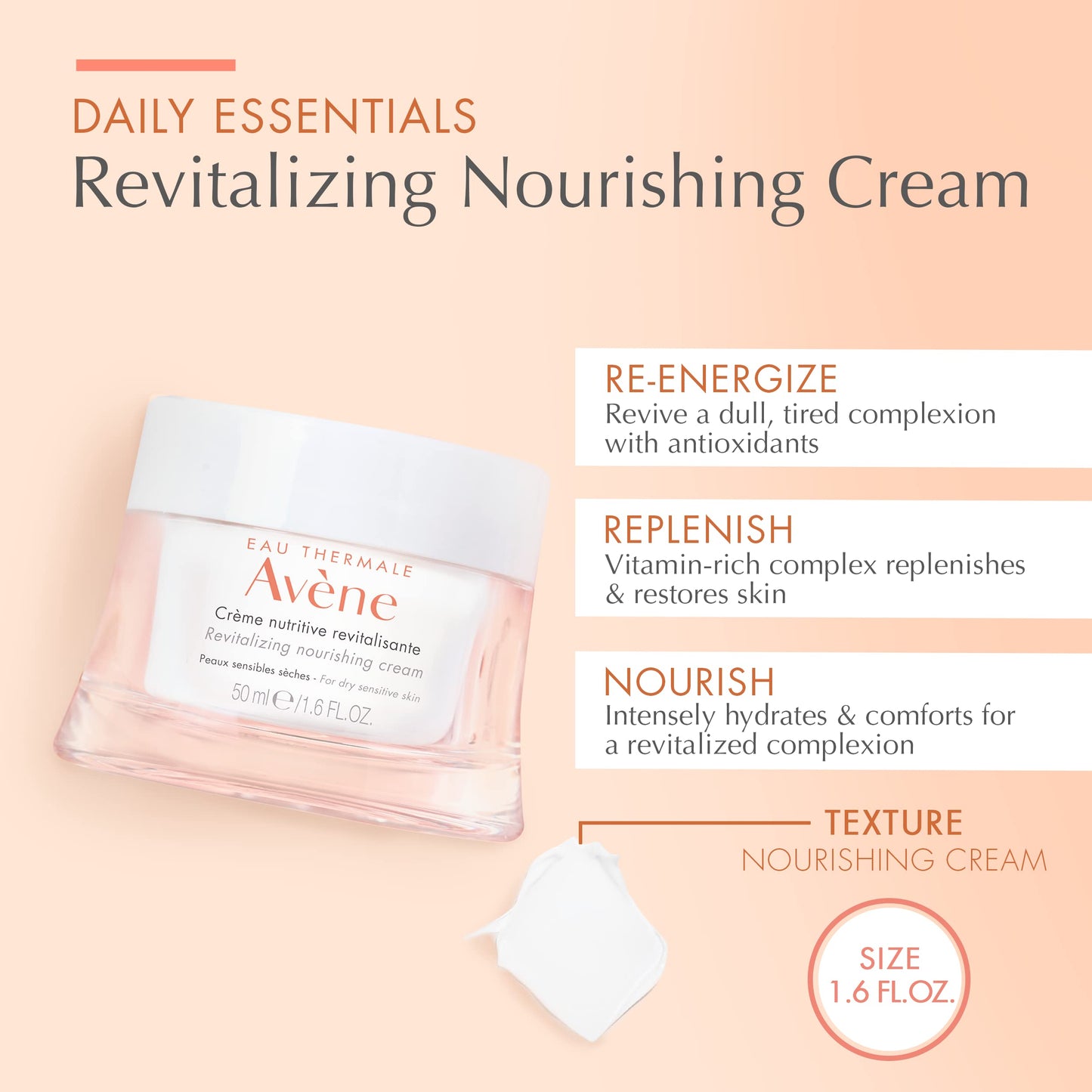 Avène Revitalizing Nourishing Cream, Ultra Nourishing Face Moisturizer, Non-comedogenic 1.6 Fl Oz