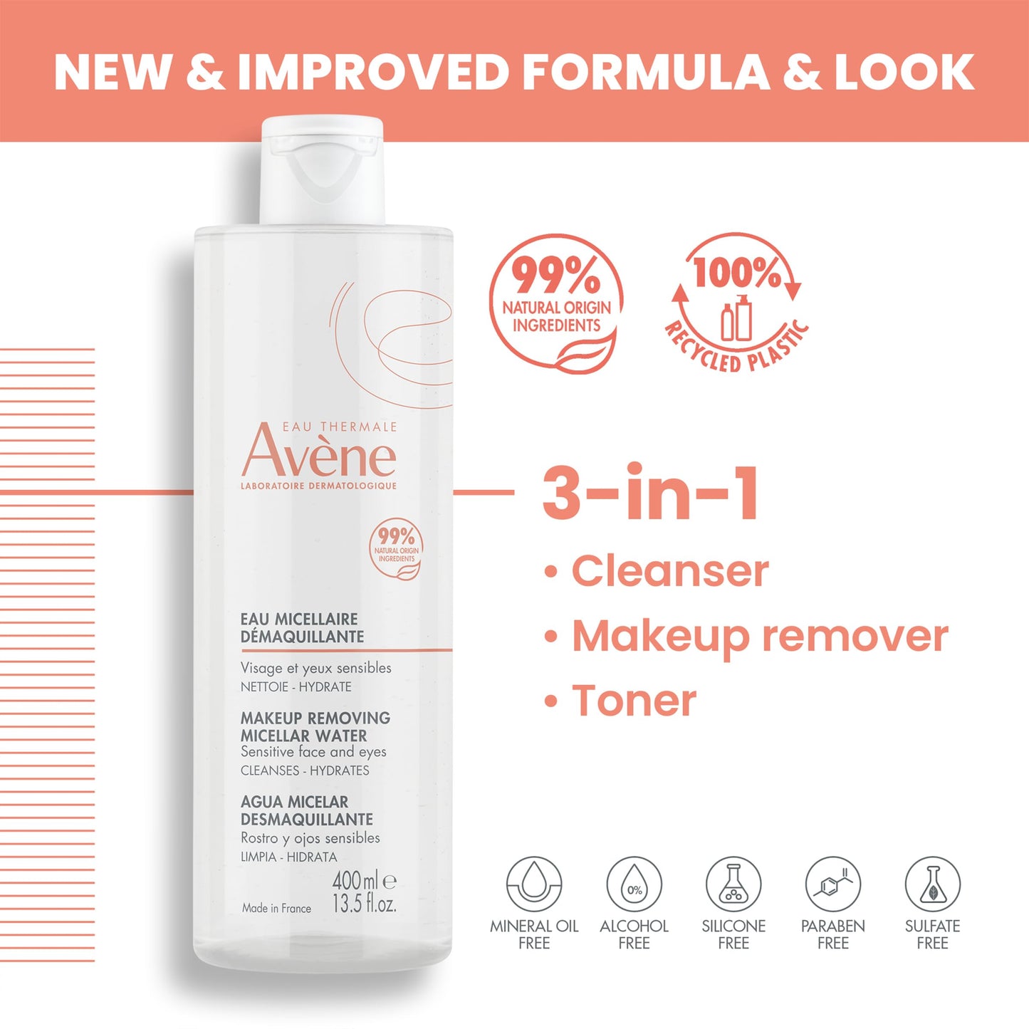 Avène Micellar Lotion Cleansing Water - Soap-Free 3-in-1 Cleanser, Toner, Make-up Remover - All Skin Types - Non-Comedogenic -16.8 Fl Oz