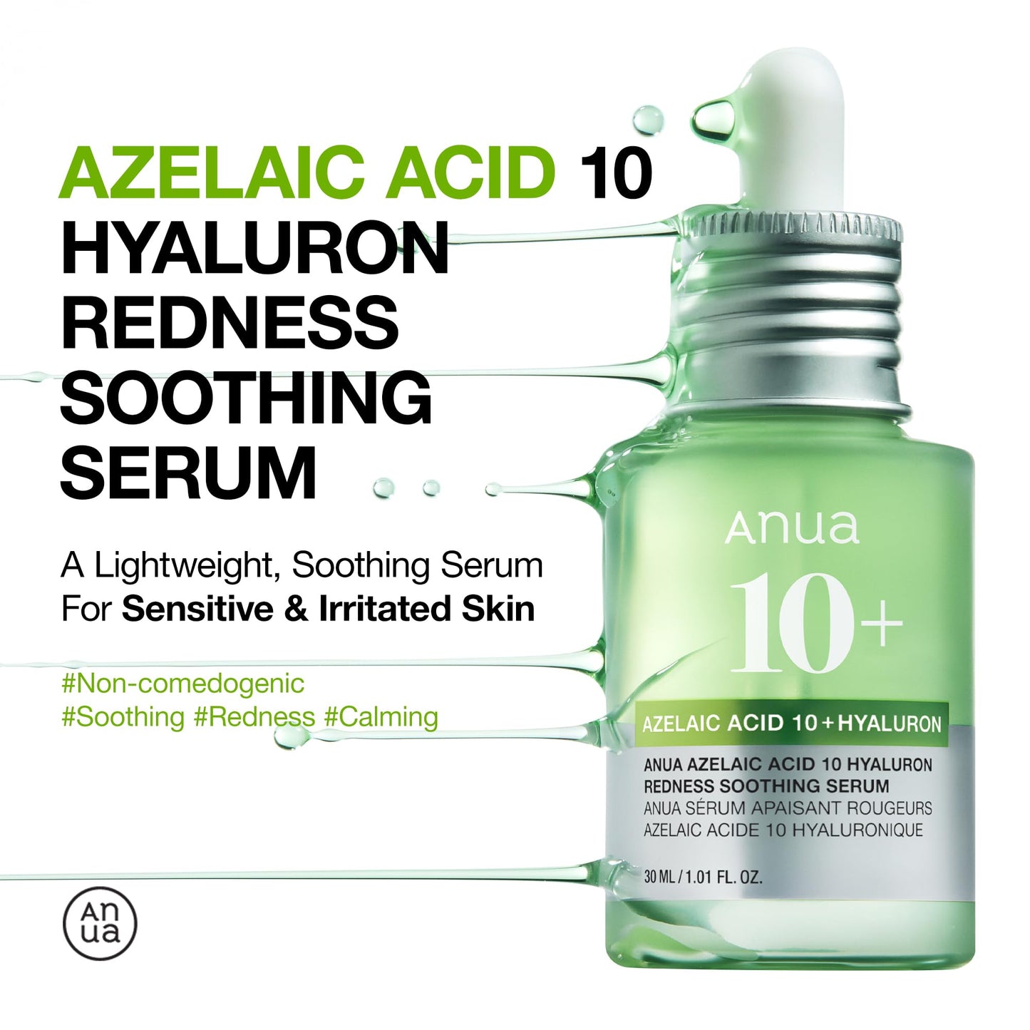 Anua Azelaic Acid 10 Hyaluron Redness Soothing Serum, Facial Serum for Troubled & Sensitive Skin, Breakouts, Hyaluronic Acid, Niacinamide, Spot Care, Natural Color, Korean Skincare (30ml/ 1.01 fl oz.)